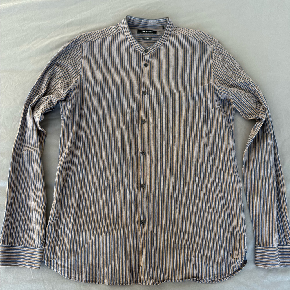 The Kooples Striped Band Collar Shirt – Blue & Brown Linen Cotton Blend – Size M